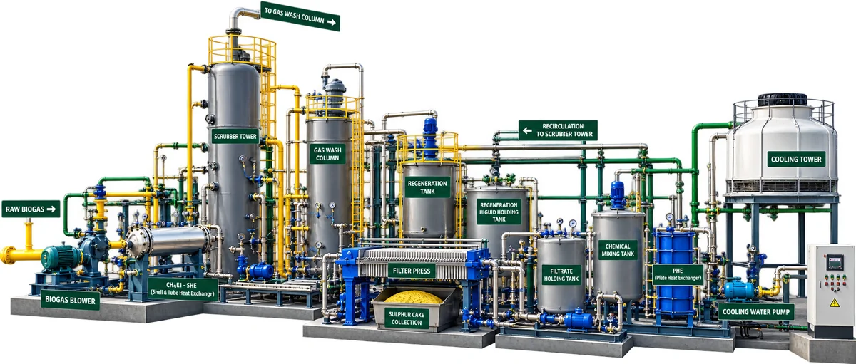 Iron Chelated H2S scrubbing skid: raw biogas into the H2S Absorption Tower, scrubbing solution cycling through the Solution Recirculation Tank and Iron Chelated Regeneration Reactor, elemental sulphur to the Sulphur Collection Section, and purified biogas out